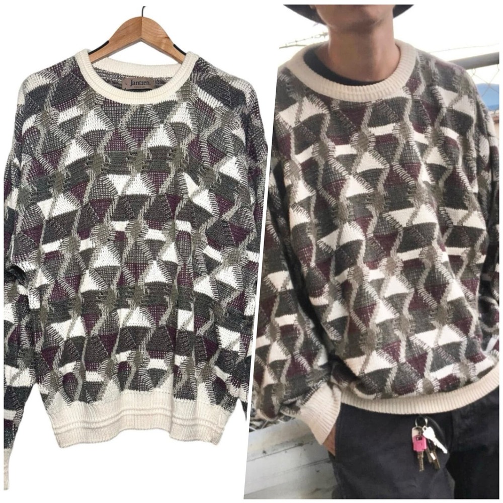Jantzen | Men | Vintage 80s Geometric Knit Crew Neck Sweater | Large